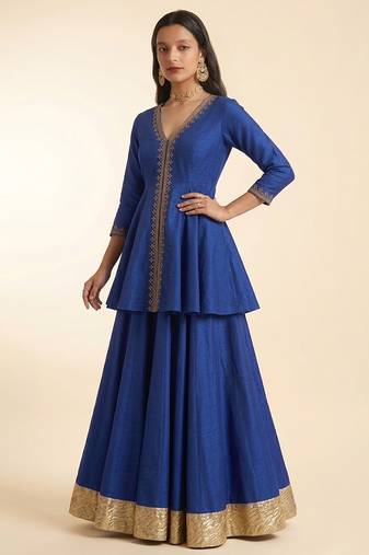 Royal Blue Embroidered Dupion Silk Kurti Lehenga Set