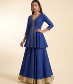 Royal Blue Embroidered Dupion Silk Kurti Lehenga Set