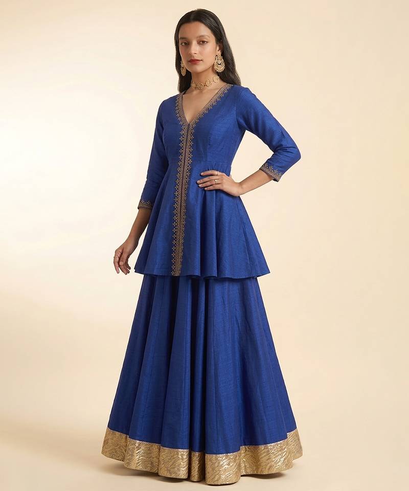 Royal Blue Embroidered Dupion Silk Kurti Lehenga Set