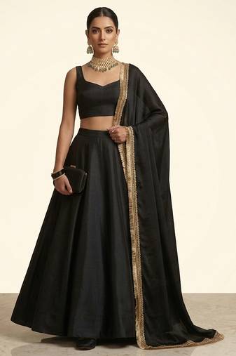 Jet Black Dupion Silk Lehenga Set