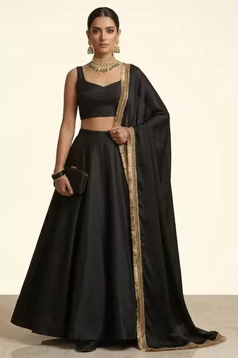 Jet Black Dupion Silk Lehenga Set