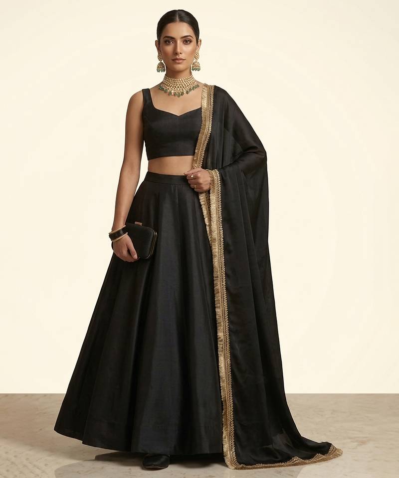 Jet Black Dupion Silk Lehenga Set