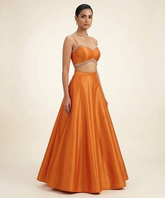 Tangerine Orange Dupion Silk Indo Western Lehenga Set 1