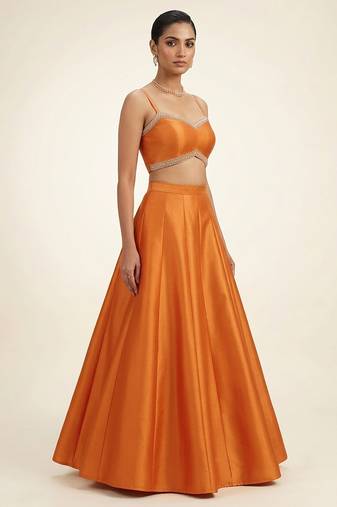 Tangerine Orange Dupion Silk Indo Western Lehenga Set