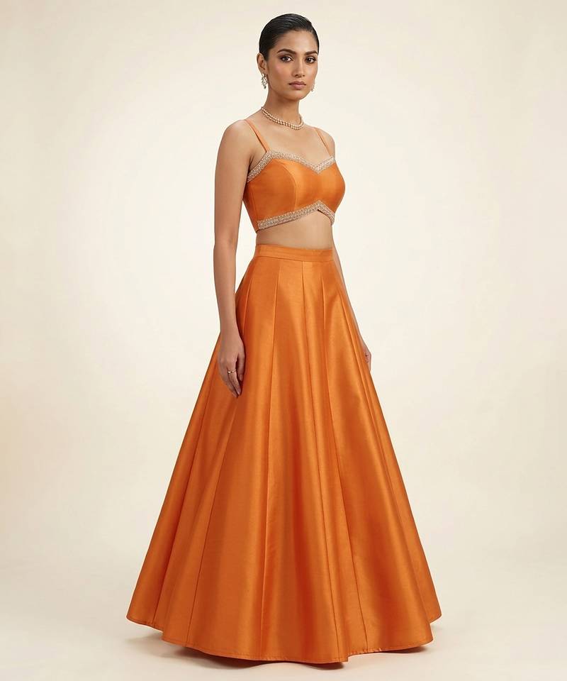 Tangerine Orange Dupion Silk Indo Western Lehenga Set