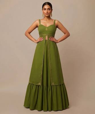 Olive Green Dupion Silk Indo Western Lehenga Set 1