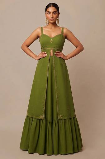 Olive Green Dupion Silk Indo Western Lehenga Set