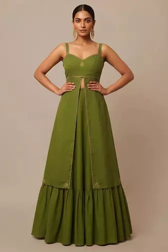 Olive Green Dupion Silk Indo Western Lehenga Set