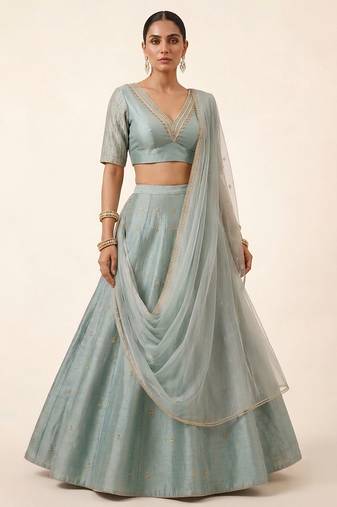 Sage Blue Embroidered Dupion Silk Lehenga Set