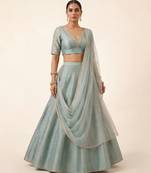 Sage Blue Embroidered Dupion Silk Lehenga Set
