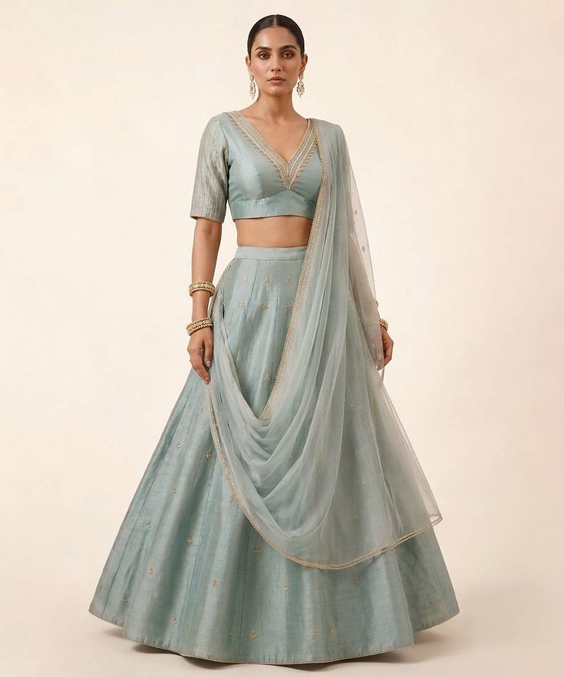 Sage Blue Embroidered Dupion Silk Lehenga Set