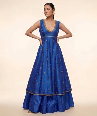 Royal Blue Embroidered Dupion Silk Anarkali Lehenga Set 1