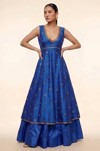 Royal Blue Embroidered Dupion Silk Anarkali Lehenga Set