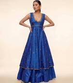 Royal Blue Embroidered Dupion Silk Anarkali Lehenga Set