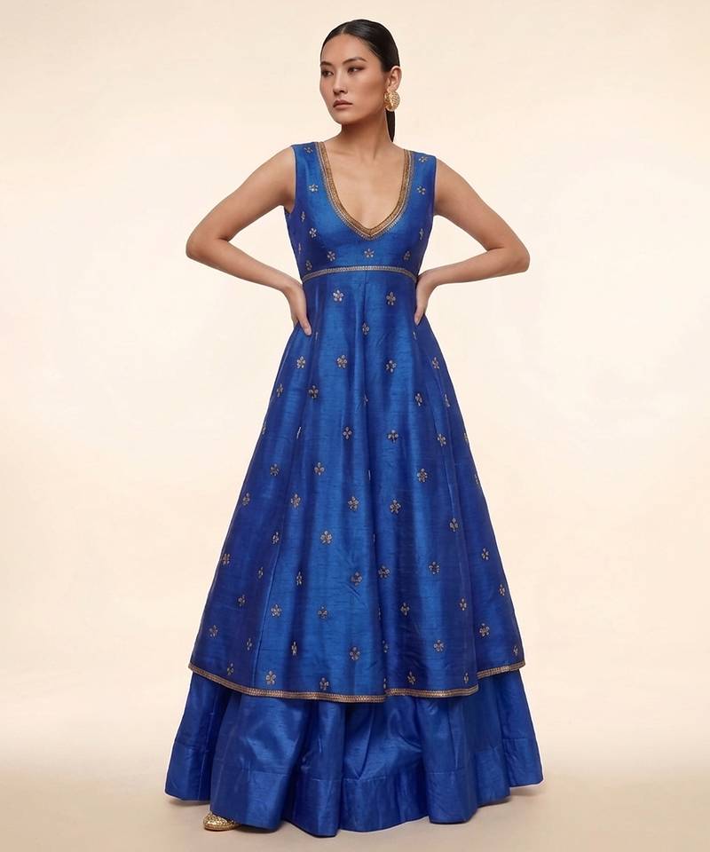 Royal Blue Embroidered Dupion Silk Anarkali Lehenga Set