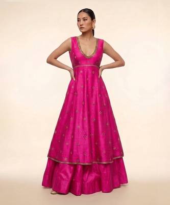 Magenta Pink Embroidered Dupion Silk Anarkali Lehenga Set 1