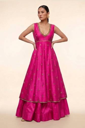 Magenta Pink Embroidered Dupion Silk Anarkali Lehenga Set