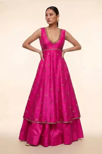 Magenta Pink Embroidered Dupion Silk Anarkali Lehenga Set