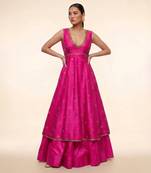 Magenta Pink Embroidered Dupion Silk Anarkali Lehenga Set