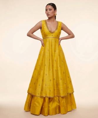 Mustard Yellow Embroidered Dupion Silk Anarkali Lehenga Set 1