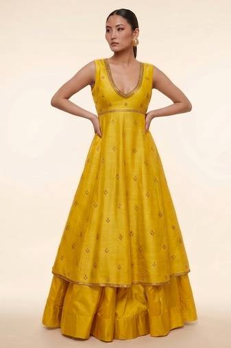 Mustard Yellow Embroidered Dupion Silk Anarkali Lehenga Set