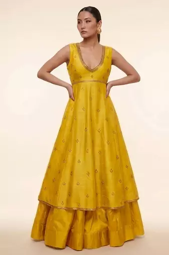 Mustard Yellow Embroidered Dupion Silk Anarkali Lehenga Set