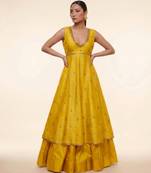 Mustard Yellow Embroidered Dupion Silk Anarkali Lehenga Set