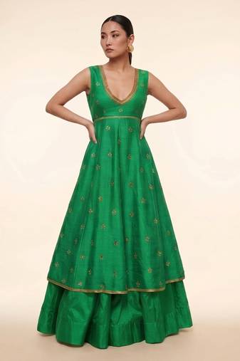 Emerald Green Embroidered Dupion Silk Anarkali Lehenga Set