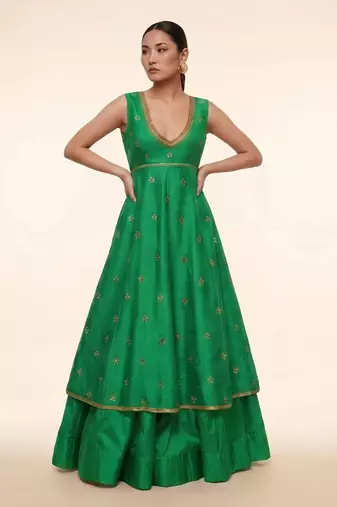 Emerald Green Embroidered Dupion Silk Anarkali Lehenga Set