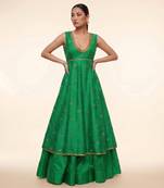 Emerald Green Embroidered Dupion Silk Anarkali Lehenga Set