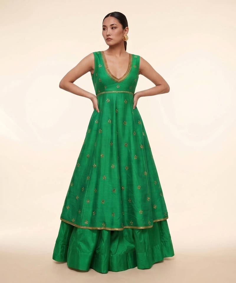 Emerald Green Embroidered Dupion Silk Anarkali Lehenga Set