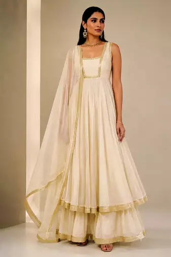 Ivory Embroidered Dupion Silk Anarkali Lehenga Set