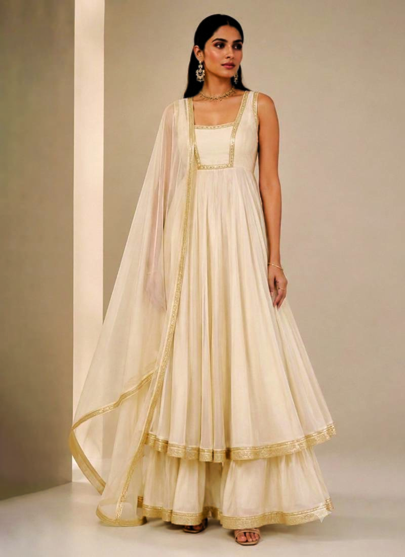 Ivory Embroidered Dupion Silk Anarkali Lehenga Set