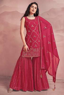 womens readymade pink color embroidered sequin work  party wear kurta sharara set with dupatta 1