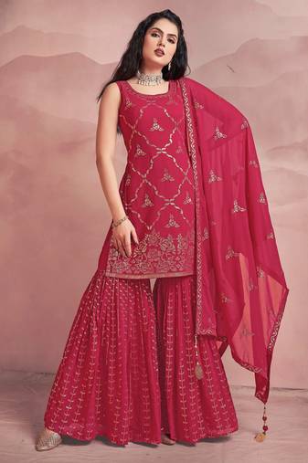 womens readymade pink color embroidered sequin work  party wear kurta sharara set with dupatta