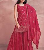 womens readymade pink color embroidered sequin work  party wear kurta sharara set with dupatta
