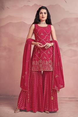 womens readymade pink color embroidered sequin work  party wear kurta sharara set with dupatta 2