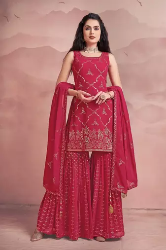 womens readymade pink color embroidered sequin work  party wear kurta sharara set with dupatta
