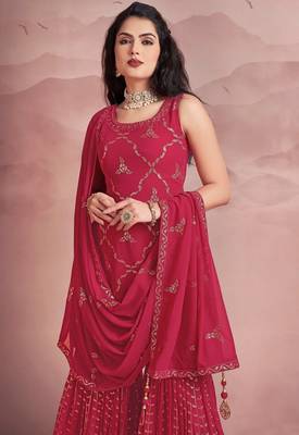 womens readymade pink color embroidered sequin work  party wear kurta sharara set with dupatta 3