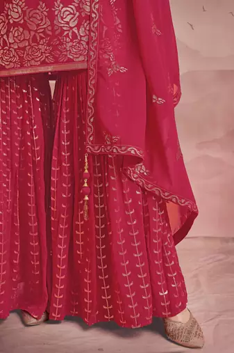 womens readymade pink color embroidered sequin work  party wear kurta sharara set with dupatta