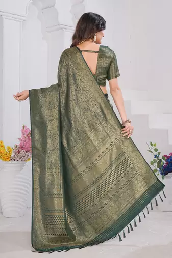 Green Pure Kanjeevaram Silk Blend Rose Floral Woven Zari Design Saree With Blouse