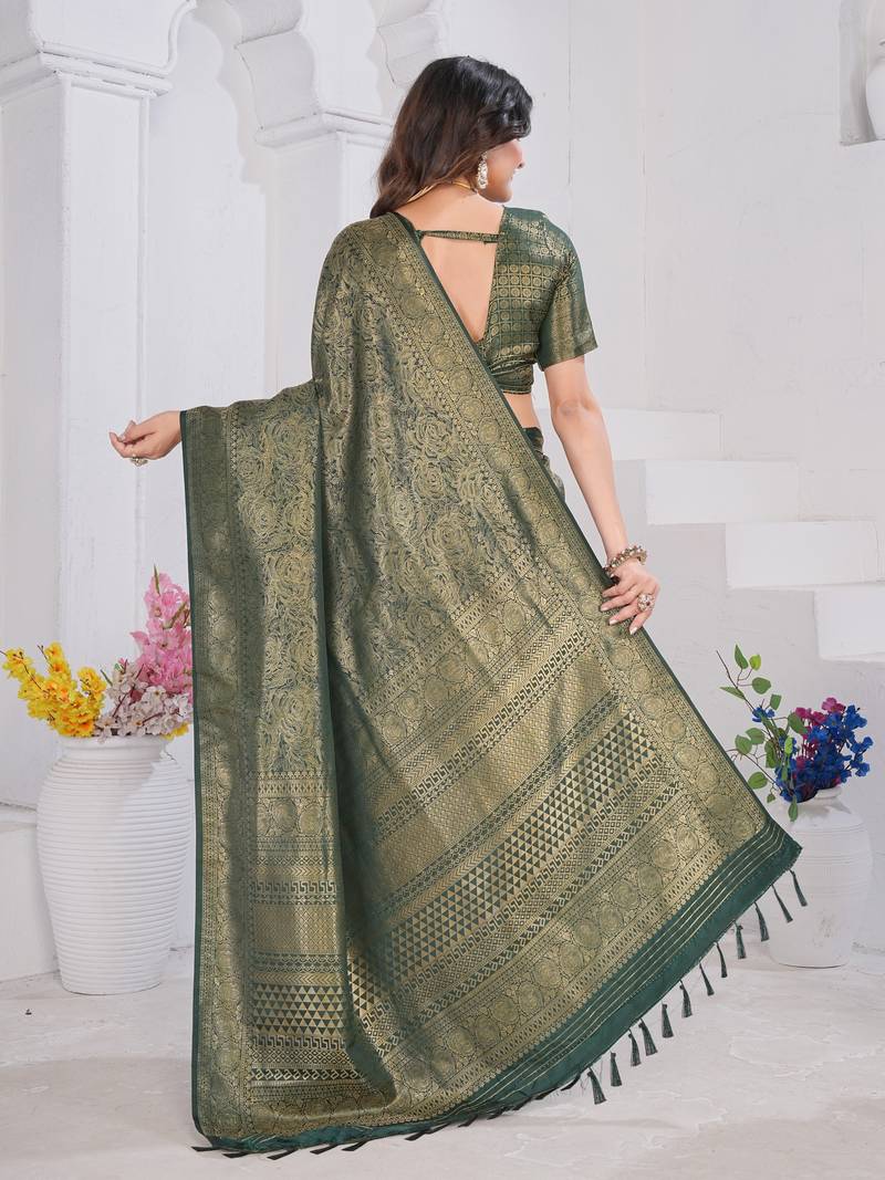 Green Pure Kanjeevaram Silk Rose Floral Woven Zari Design Saree With Blouse
