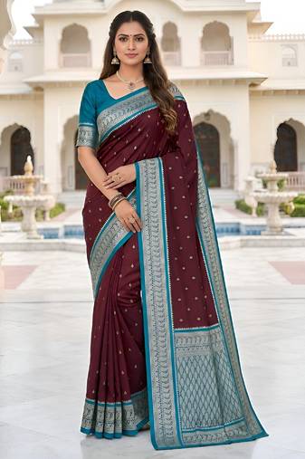 Cofee soft silk blend saree with zari weaving meenakari design
