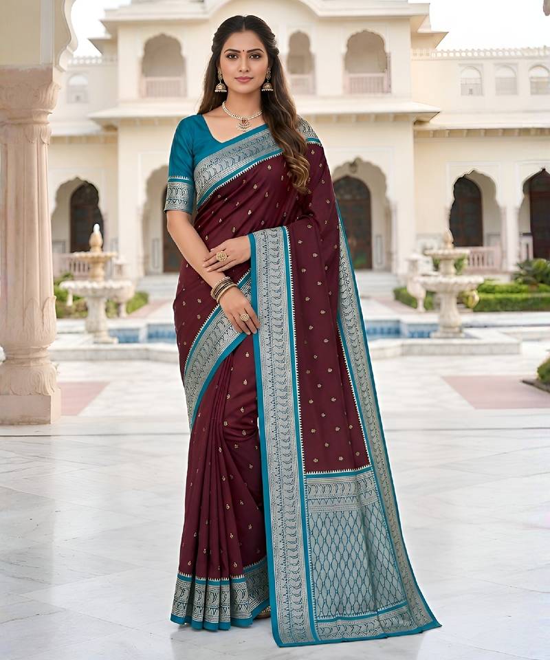 Cofee soft silk blend saree with zari weaving meenakari design