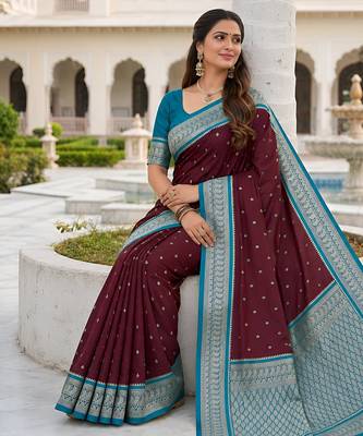 Cofee soft silk blend saree with zari weaving meenakari design 3