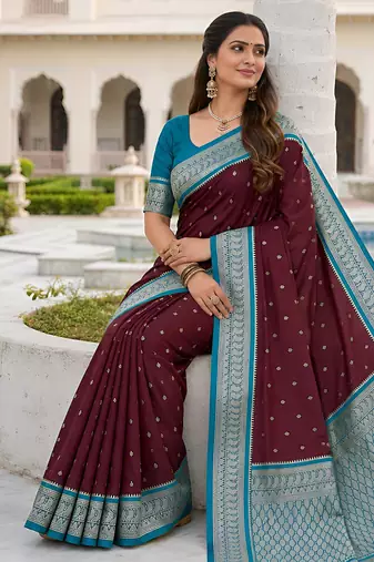 Cofee soft silk blend saree with zari weaving meenakari design