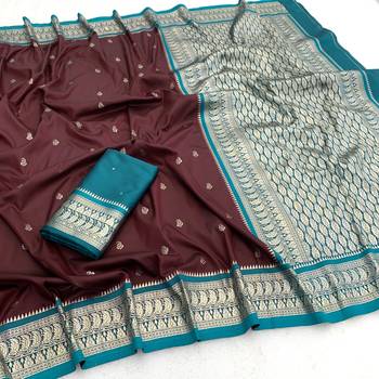 Cofee soft silk blend saree with zari weaving meenakari design 5