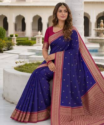 Purple soft silk blend saree with zari weaving meenakari design 3