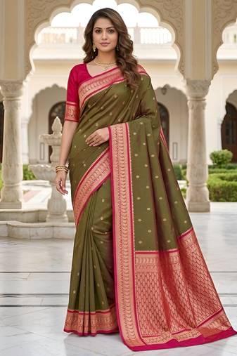 Green soft silk blend saree with zari weaving meenakari design