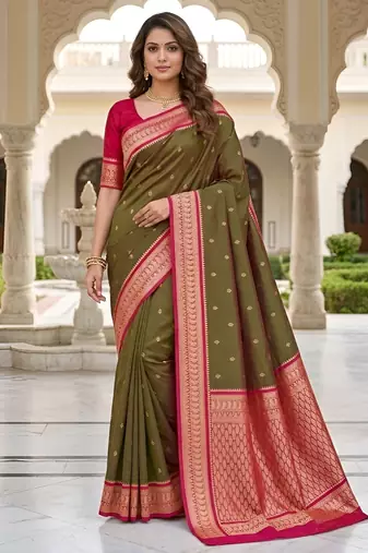 Green soft silk blend saree with zari weaving meenakari design